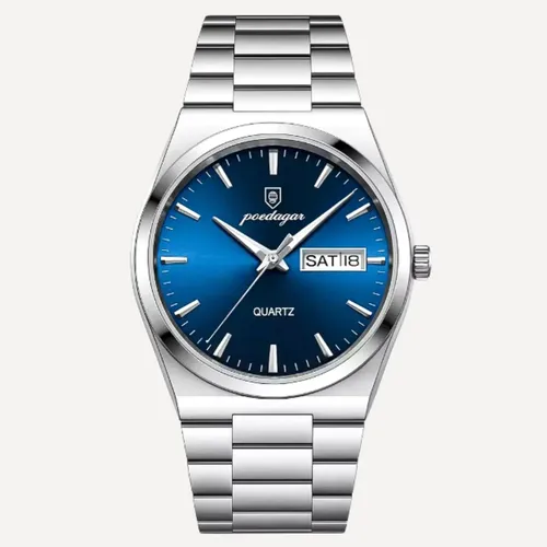 Relógio Masculino Luxo Poedagar Old Money Aço Quartzo Prata Prateado Clássico Azul Capra Pink